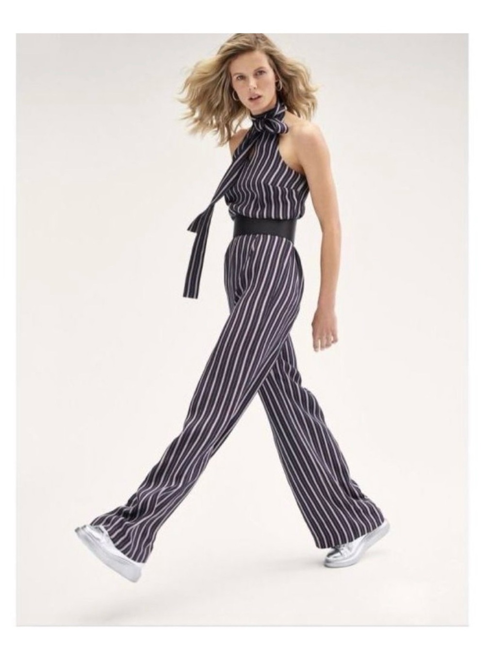 W by Worth Navy and White Striped Halter Jumpsuit with Tie Neck